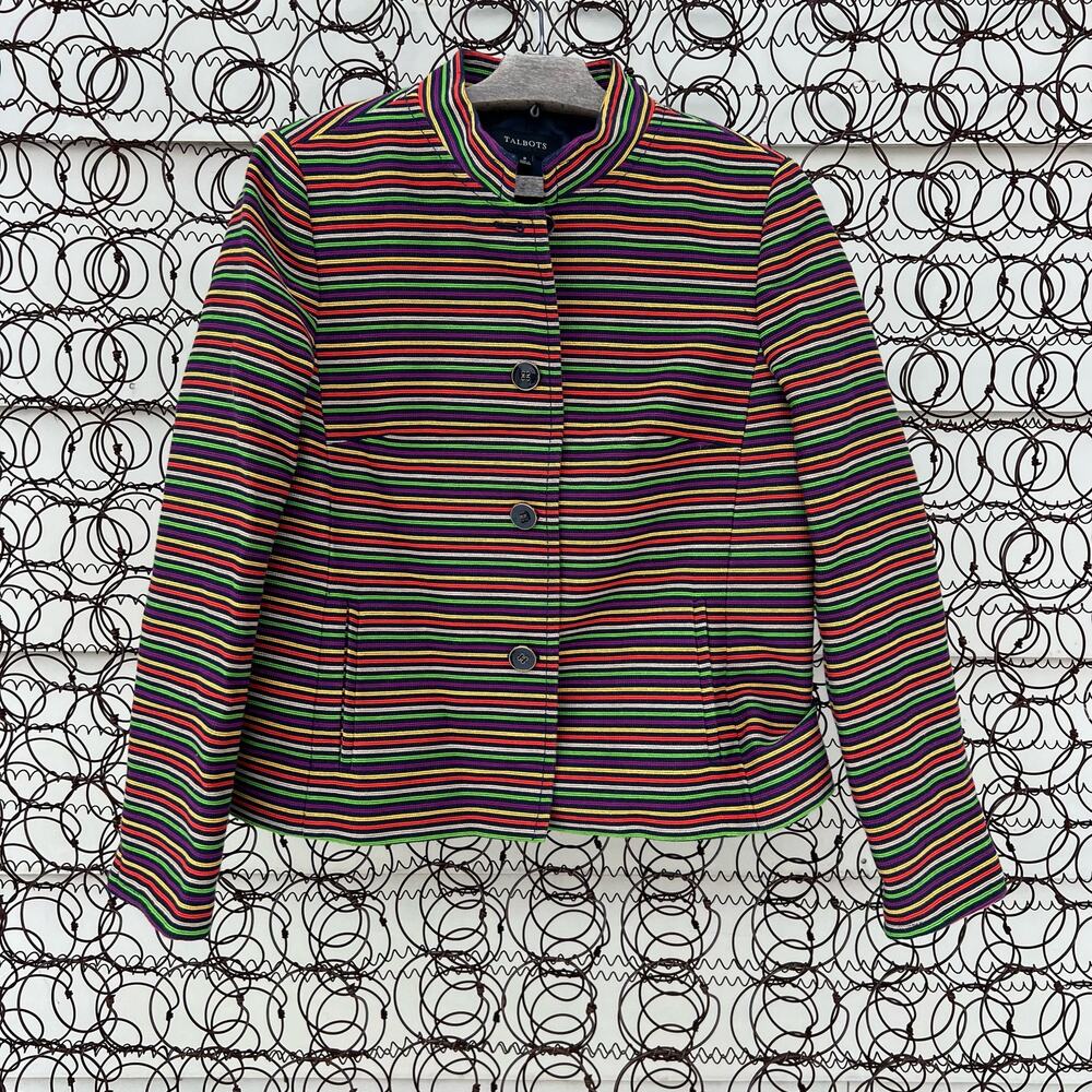 Talbots Rainbow Stripe Multicolor Cotton Mandarin Collar Blazer Jacket Size 6
